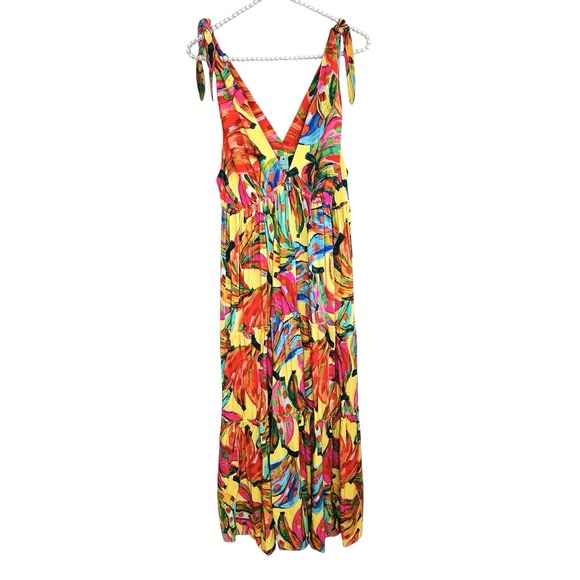 Farm Rio Maxi Sundress Womens Large Tropical Boho Tiered Ruffle Resort Vacation - Picture 1 of 13